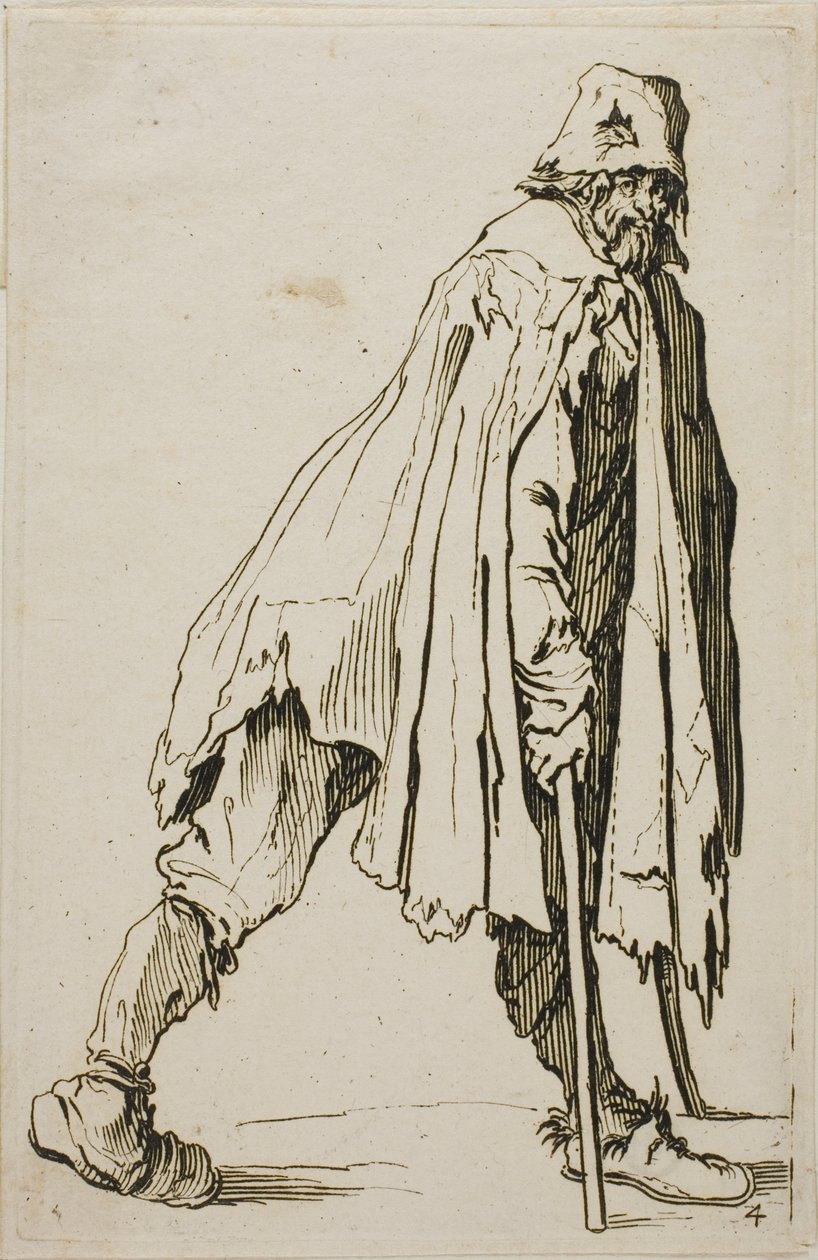 Tigger på krykker iført hat, tallerken fire fra The Beggars af Jacques Callot
