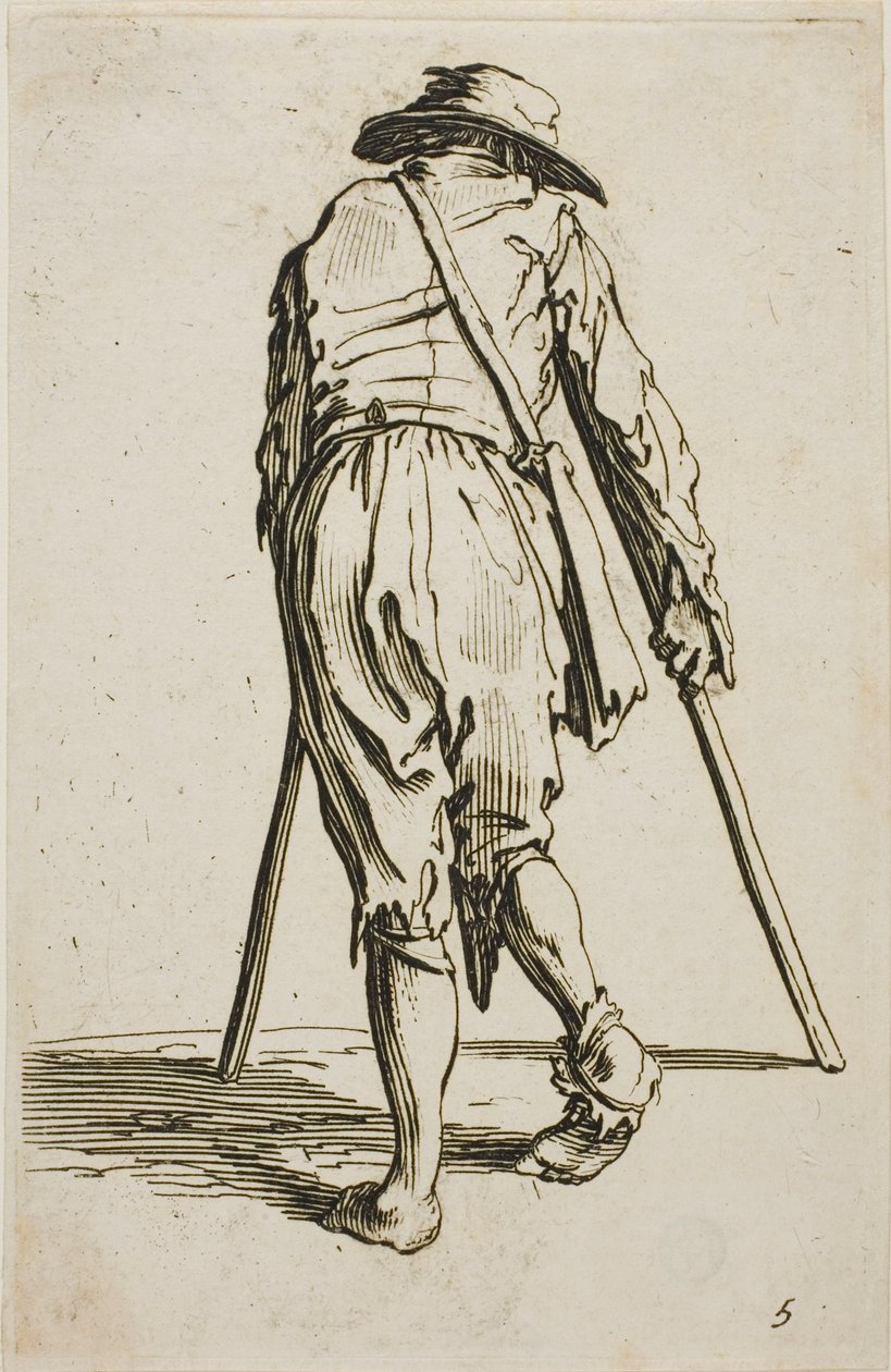 Tigger på krykker og med hat, set bagfra, planche fem fra The Beggars af Jacques Callot