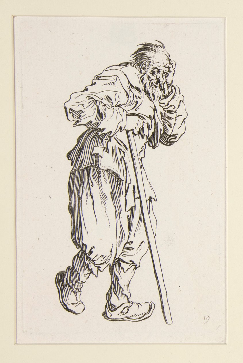 Beggar støttet op på en pind, fra The Beggars af Jacques Callot