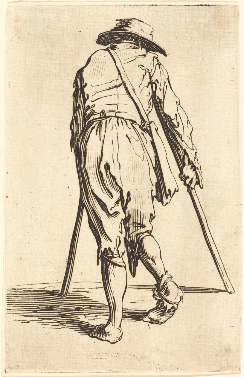 Tigger med krykker og hat, set bagfra af Jacques Callot