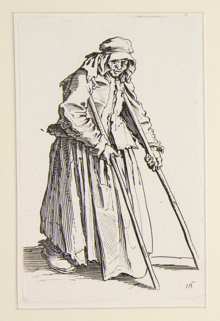 Tiggerkvinde på krykker fra The Beggars (La mendiante aux bequilles) af Jacques Callot