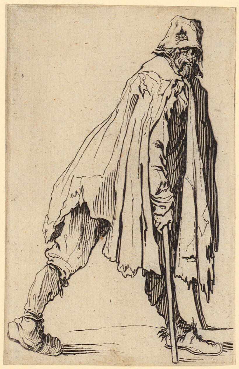 Tigger med krykker og hat, blad 4 i serien "Tiggerne" af Jacques Callot