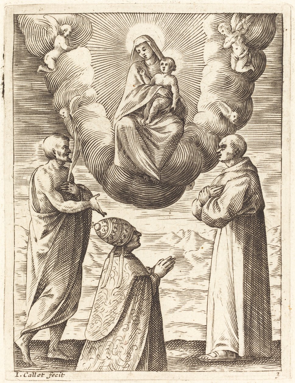 Bonifatius VIII med de hellige Frans og Crispin, der tilbeder jomfruen og barnet af Jacques Callot