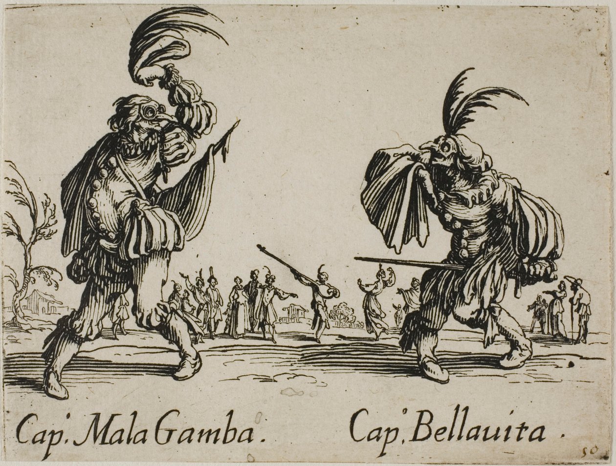 Kaptajn Mala Gamba - Kaptajn Bellavita, plade 15 fra Balli di Sfessania af Jacques Callot