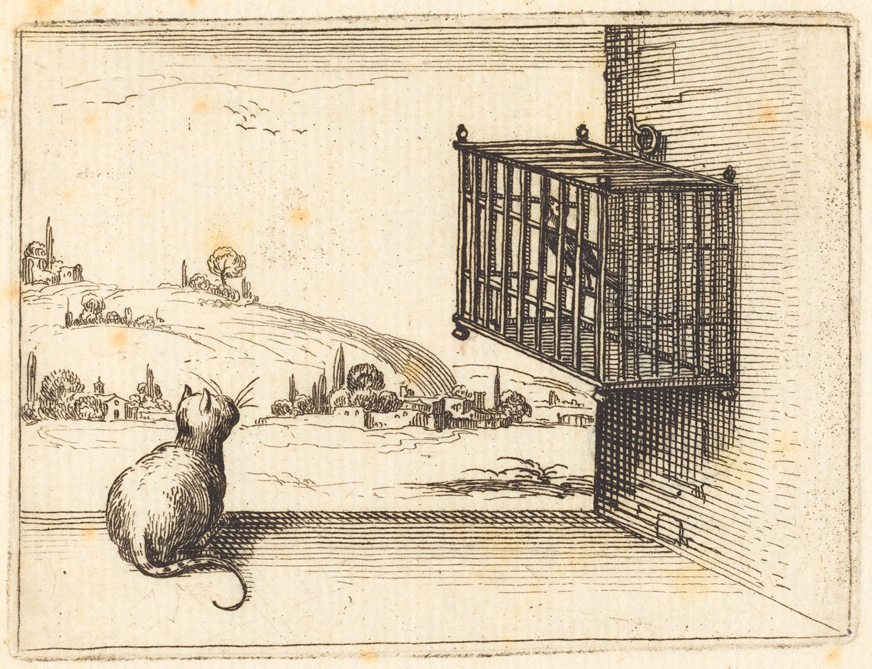 Kat, der kigger på en fugl i et bur af Jacques Callot