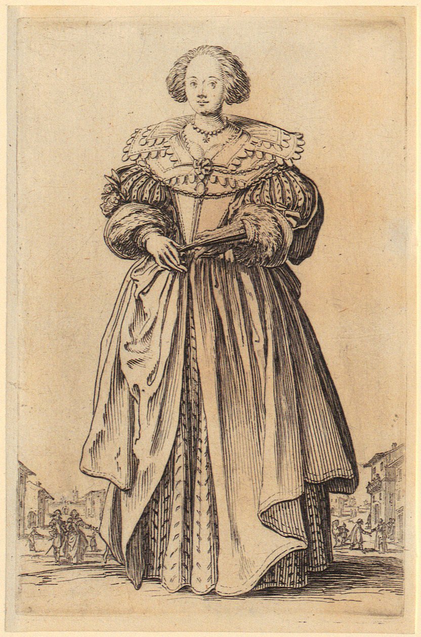 Dame med vifte, blad 9 fra serien «Adelen» af Jacques Callot