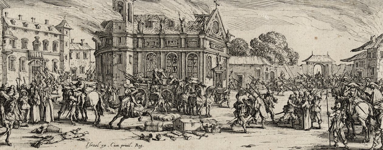 Ødelæggelse af et kloster, 1633 (radering på bindet papir) af Jacques Callot