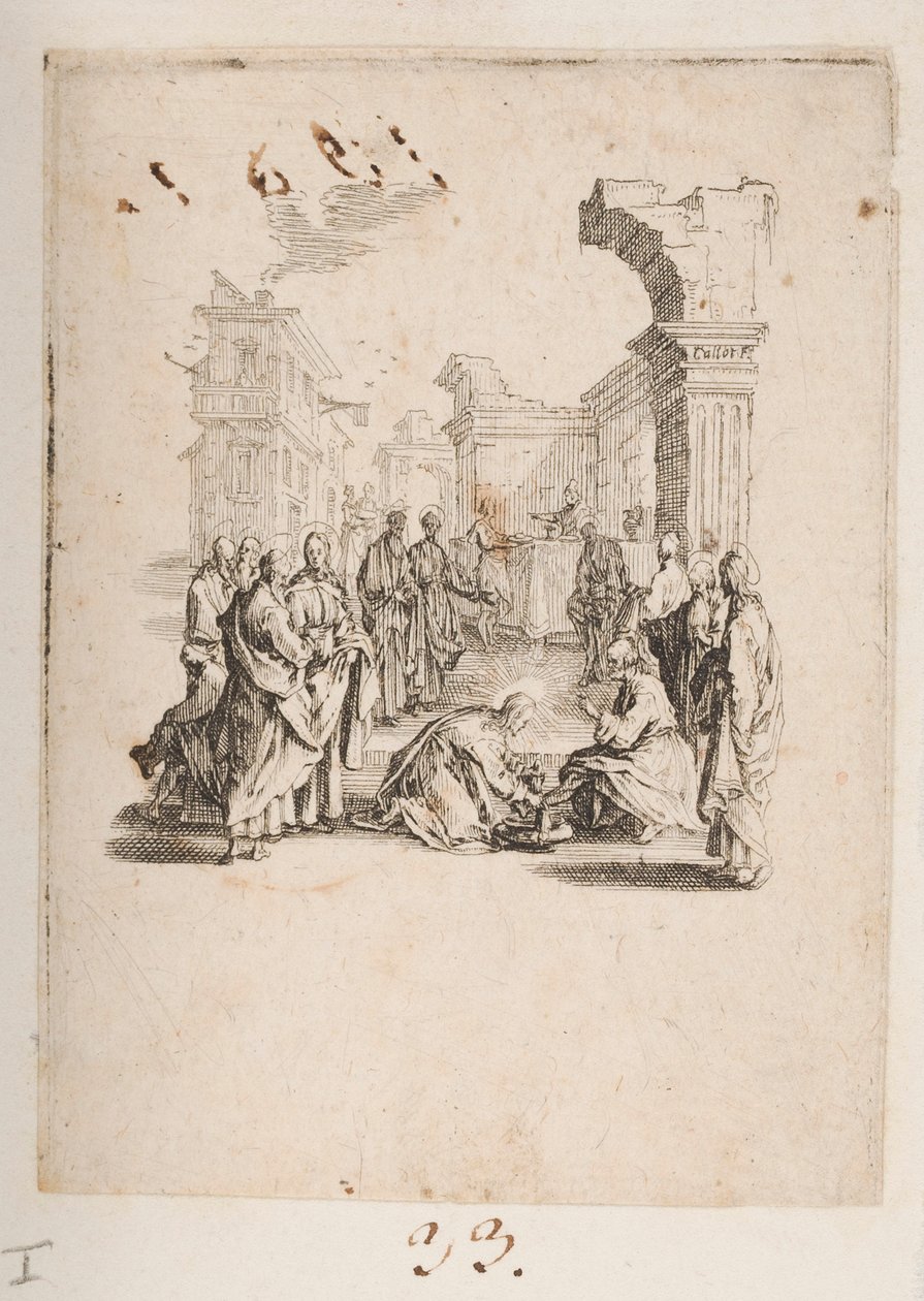 Discipel vasker Kristi fødder, nr. 1 af 11 fra La Petite Passion af Jacques Callot