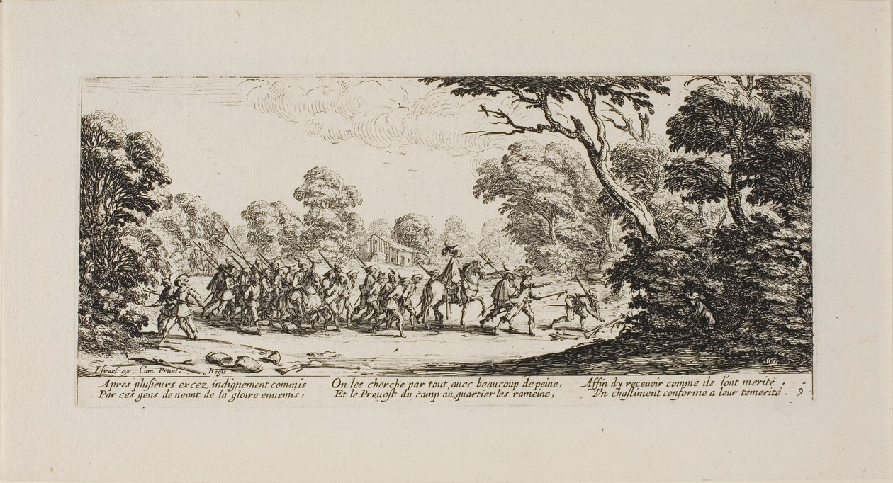 Opdagelsen af de kriminelle soldater, planche ni fra Krigens elendighed af Jacques Callot