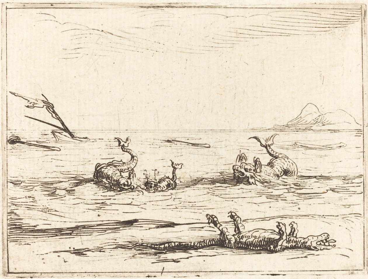 Delfiner og krokodille af Jacques Callot