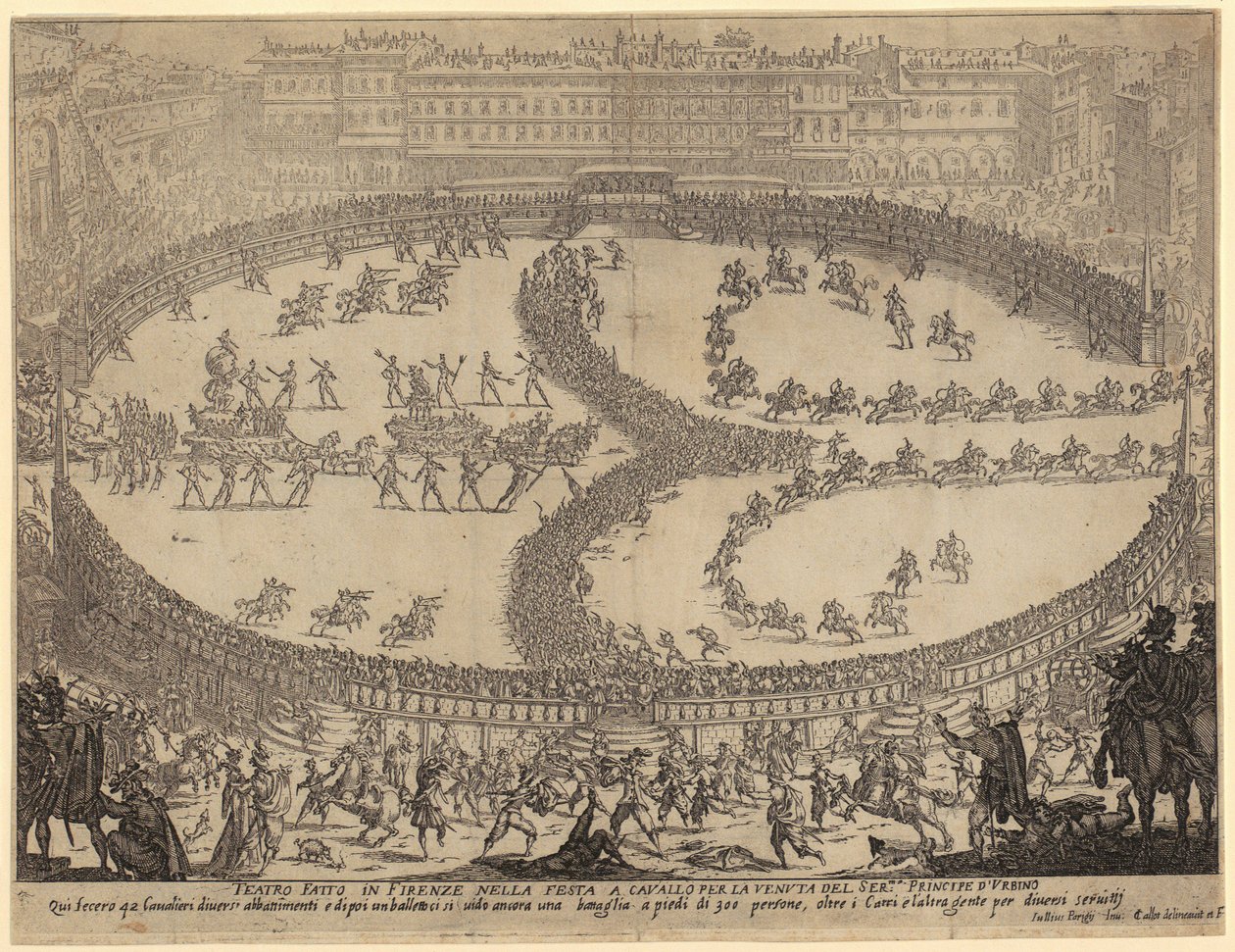 Indtog af vogne og parade med infanteri og kavaleri på Piazza Santa Croce i Firenze til ære for prinsen af Urbino, blad 6 i serien »Skønhedens krig« af Jacques Callot