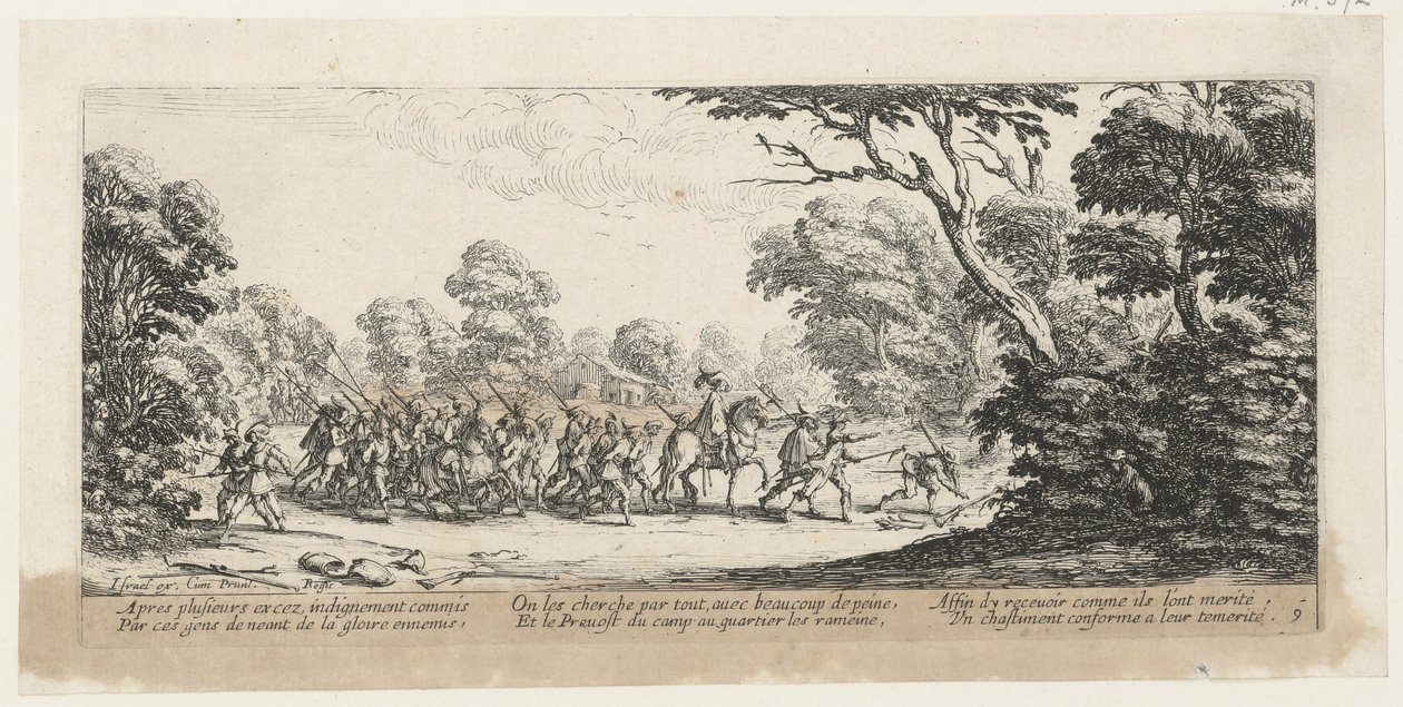 Opdagelsen af forbryderne, side 9 i serien »Krigens rædsler« af Jacques Callot