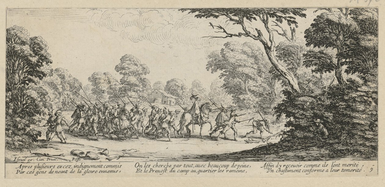Opdagelsen af forbryderne, side 9 i serien »Krigens rædsler« af Jacques Callot