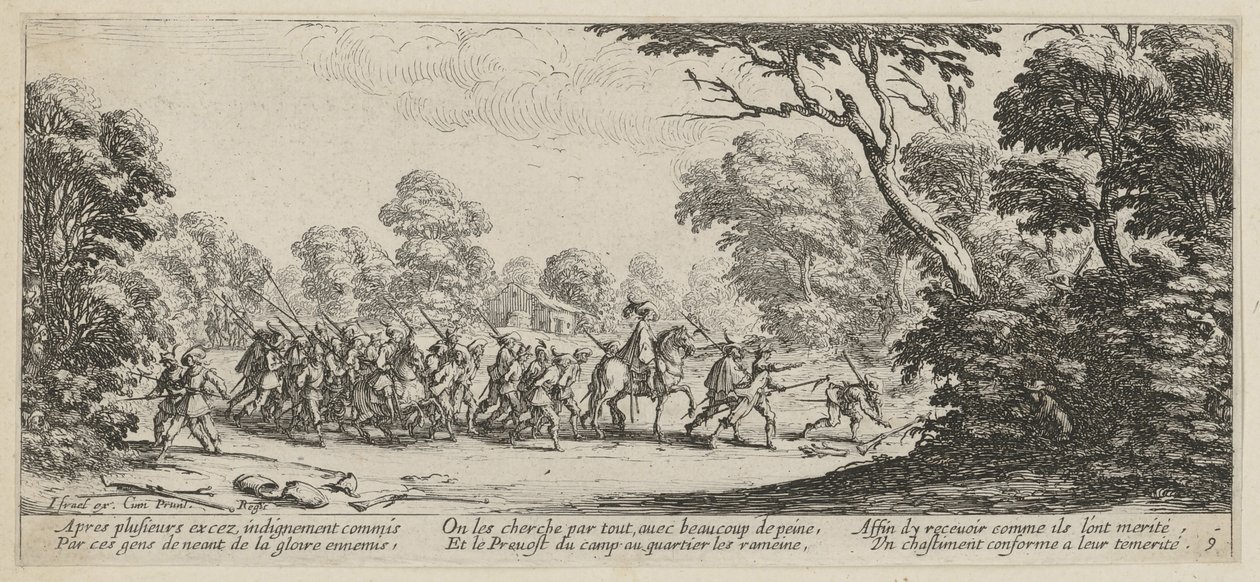Opdagelsen af forbryderne, side 9 i serien »Krigens rædsler« af Jacques Callot
