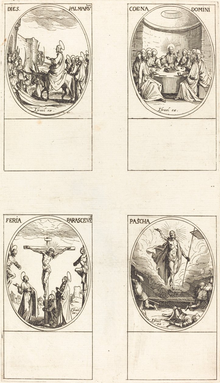 Indrejse i Jerusalem; Sidste aftensmad; Korsfæstelse; Opstandelse af Jacques Callot