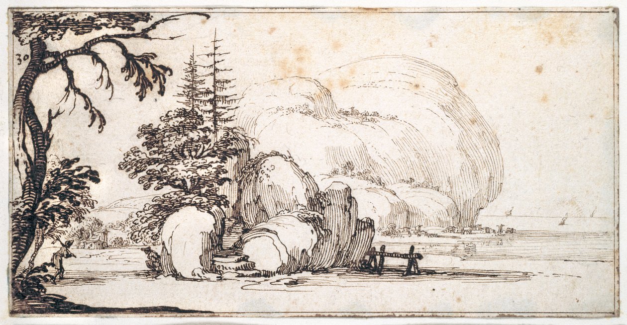 Fantastiske klipper ved kysten, bygninger ved kysten (pen og brunt blæk på papir) af Jacques Callot