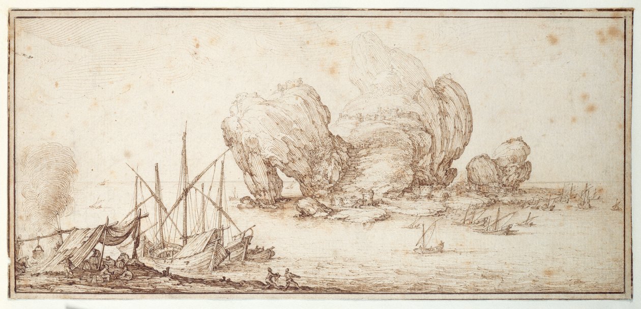 Fantastiske klipper, befæstet. Forsendelse. Søfarende bivuak i syne af deres fartøj (Le Grand Rocher) (pen og blæk på papir) af Jacques Callot