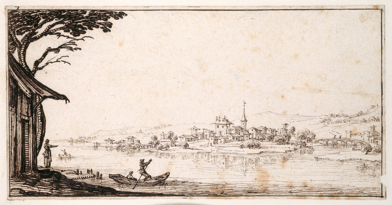 Færge en passager over en flod til en lille by forbundet med en bro til et slot (pen og brunt blæk på papir) af Jacques Callot