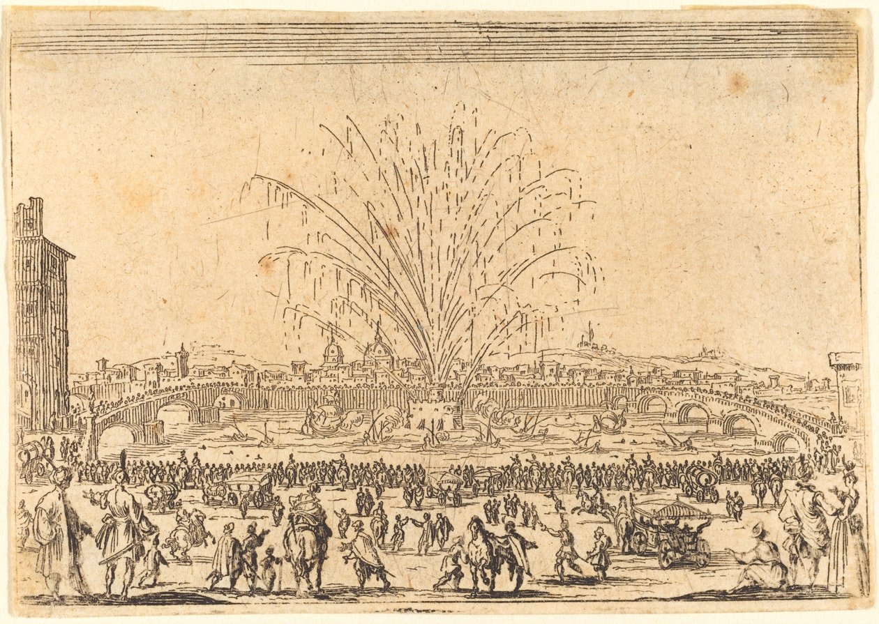 Fyrværkeri på Arno, Firenze, ca. 1622. af Jacques Callot