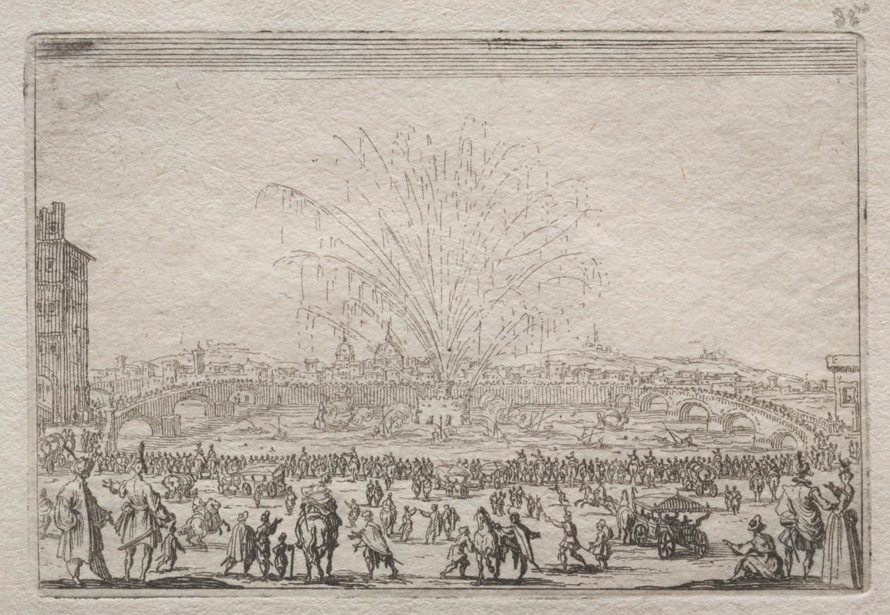 Fyrværkeri på Arno, ca. 1622. af Jacques Callot