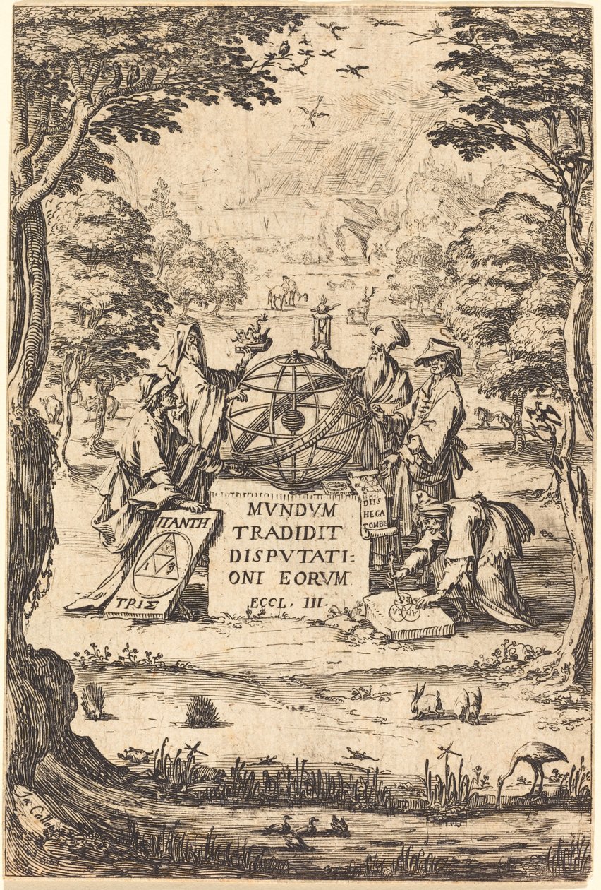 Frontispice til den hellige kosmologi-titel med astrologer. af Jacques Callot