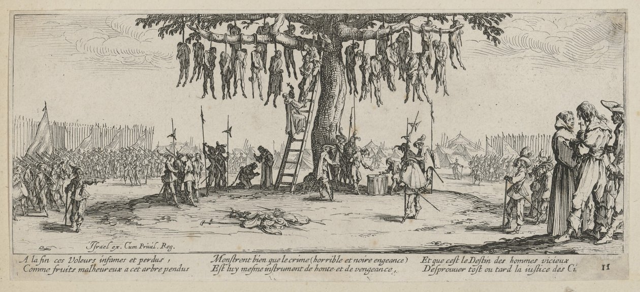 Udstilling, ark 11 i serien »Krigens gråtoner« af Jacques Callot