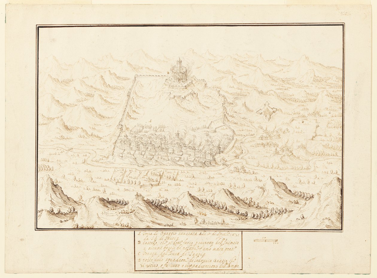 Isometrisk udsigt over Torra de Ottaggio af Jacques Callot