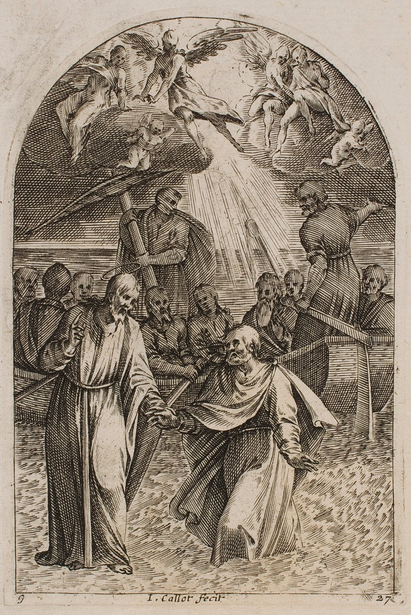 Jesus og Sankt Peter går på vandet, fra serien „Billeder fra Rom“ af Jacques Callot