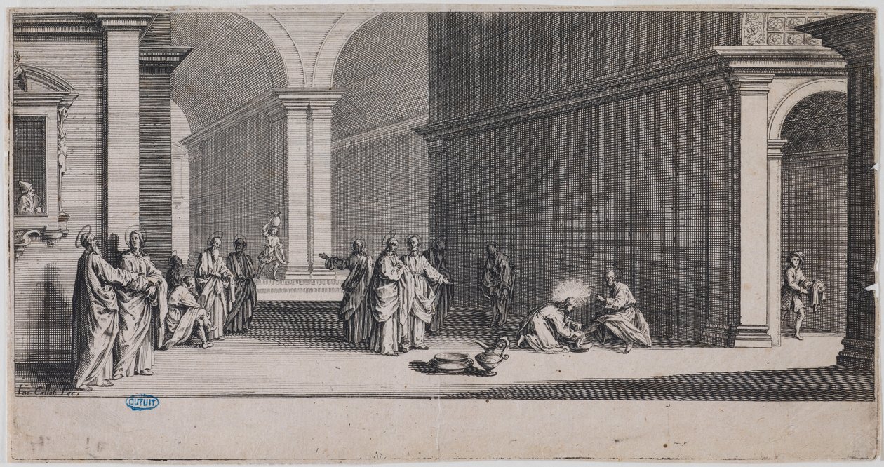 Den store passionshistorie, Fodvaskningen. Første blad i en serie på 7 blade (Lieure 281, Meaume 12) af Jacques Callot