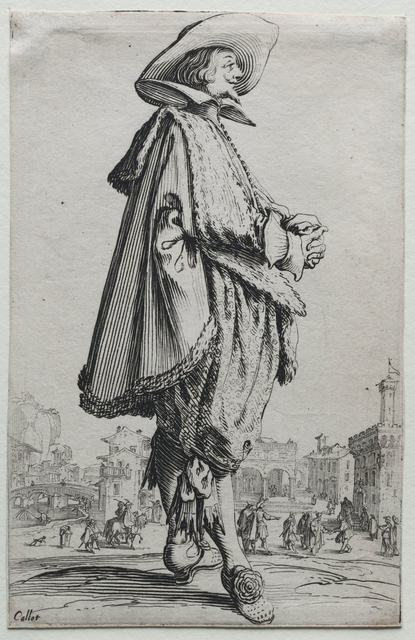 La Noblesse: Gentleman, der står i profil med foldede hænder af Jacques Callot