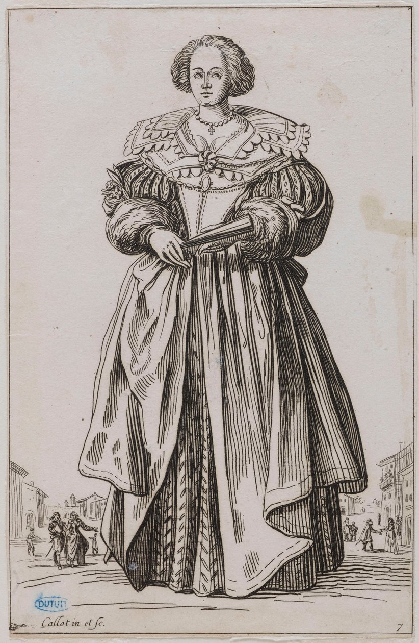 Adelen, Damen med viften. Det niende nummer i en serie på 12 stykker (Lieure 557, Meaune 683) af Jacques Callot