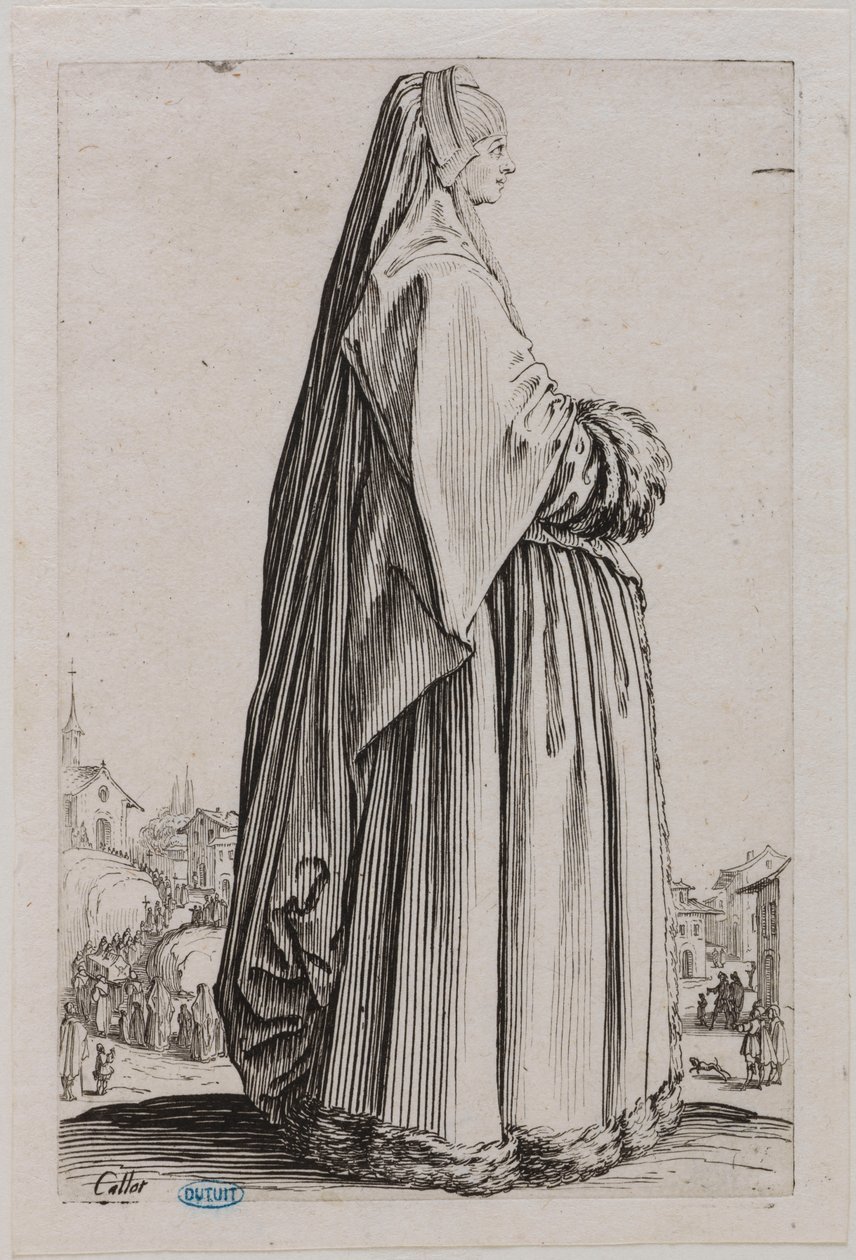 Adelen, Damen med et stort slør på hovedet og en kjole kantet med pels. Femte nummer i en serie på 12 værker (Lieure 553, Meaume 679) af Jacques Callot