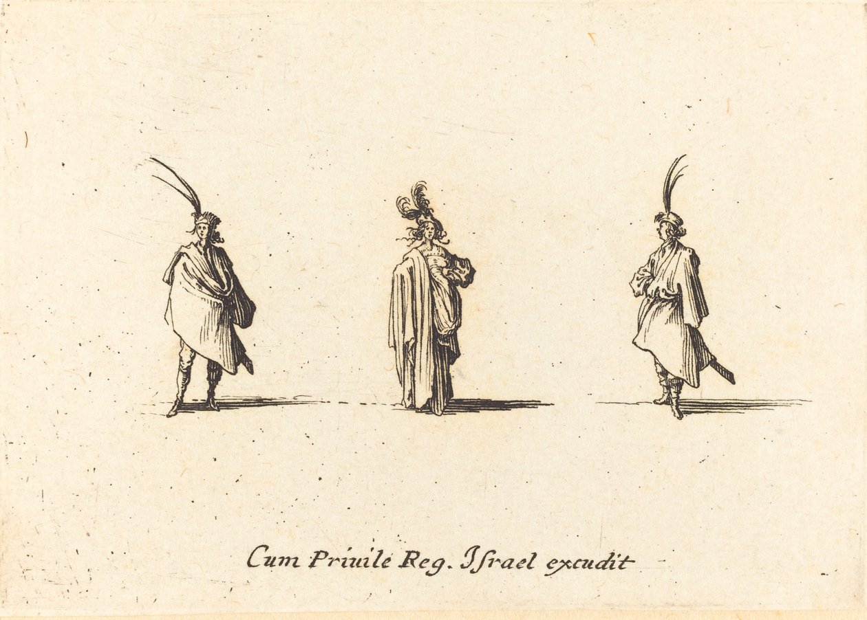 Dame i lang kappe og to herrer af Jacques Callot