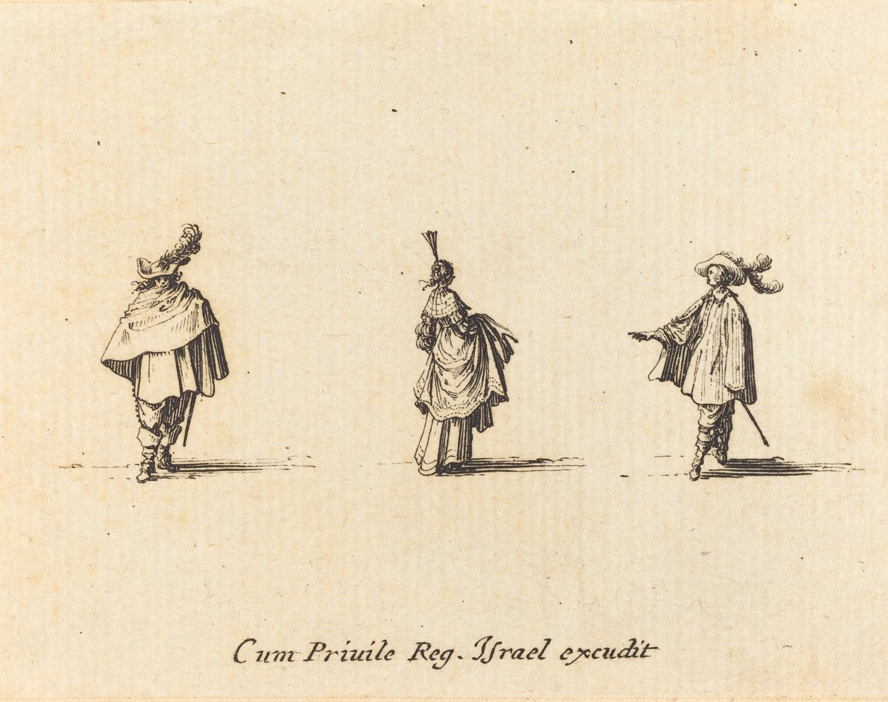 Dame med kjole samlet, og to herrer af Jacques Callot