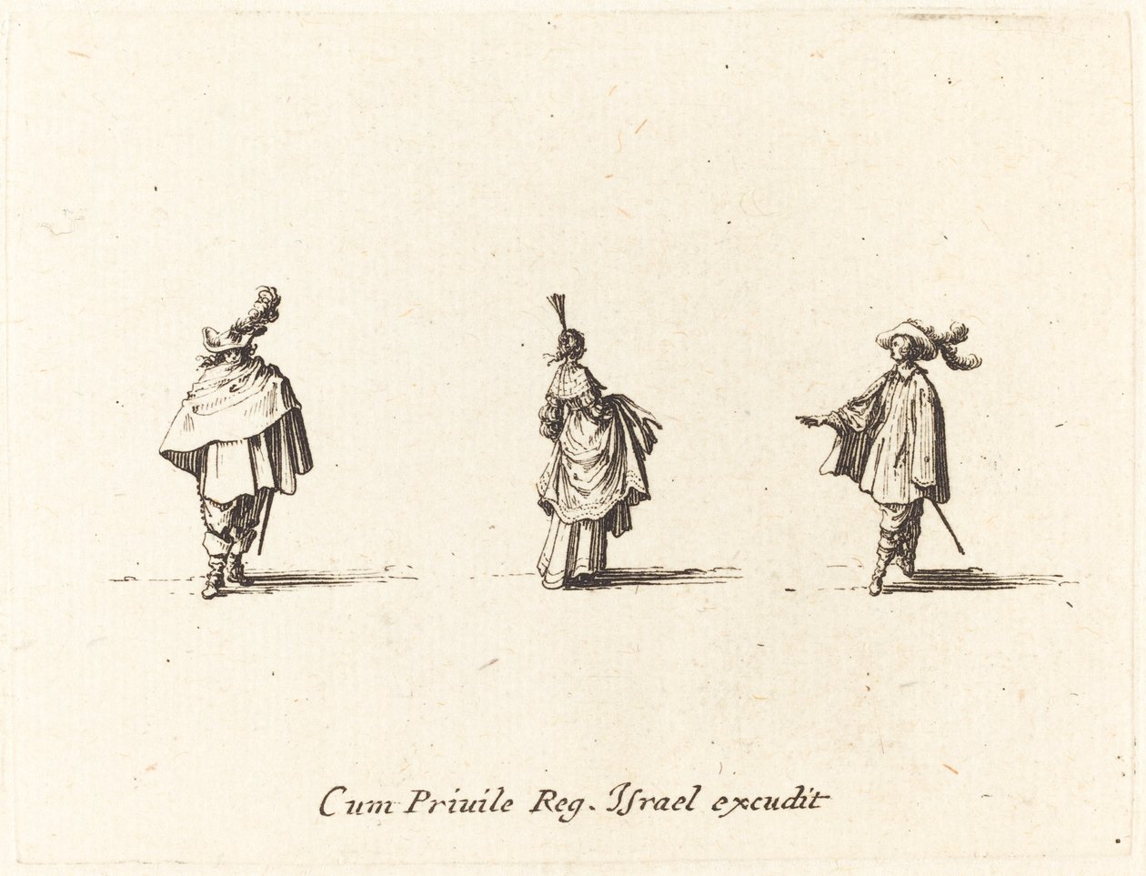 Dame med kjole samlet og to herrer af Jacques Callot