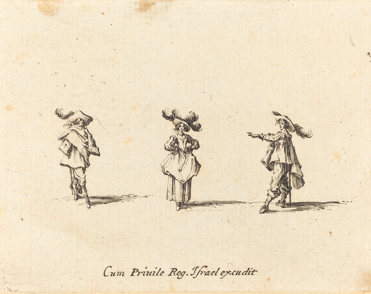 Dame med store faner og to herrer af Jacques Callot