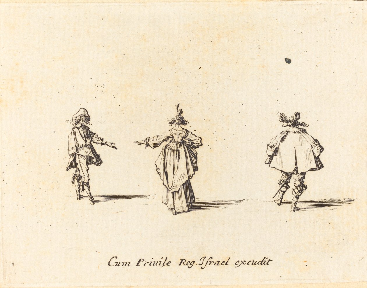 Dame med strakt Arm, set bagfra, og to herrer af Jacques Callot