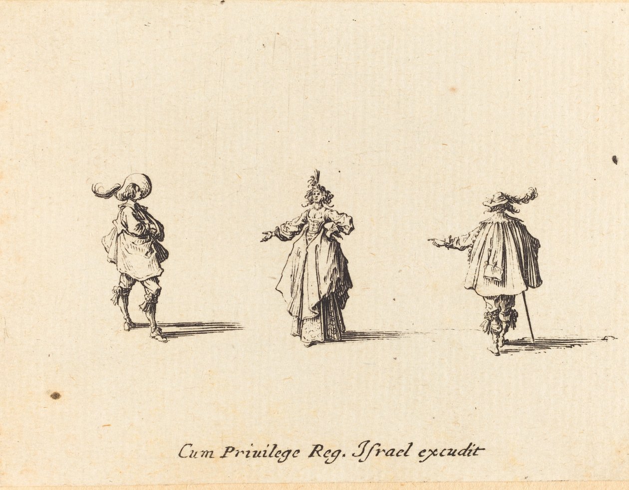 Dame med udstrakt Arm og to Herrer af Jacques Callot