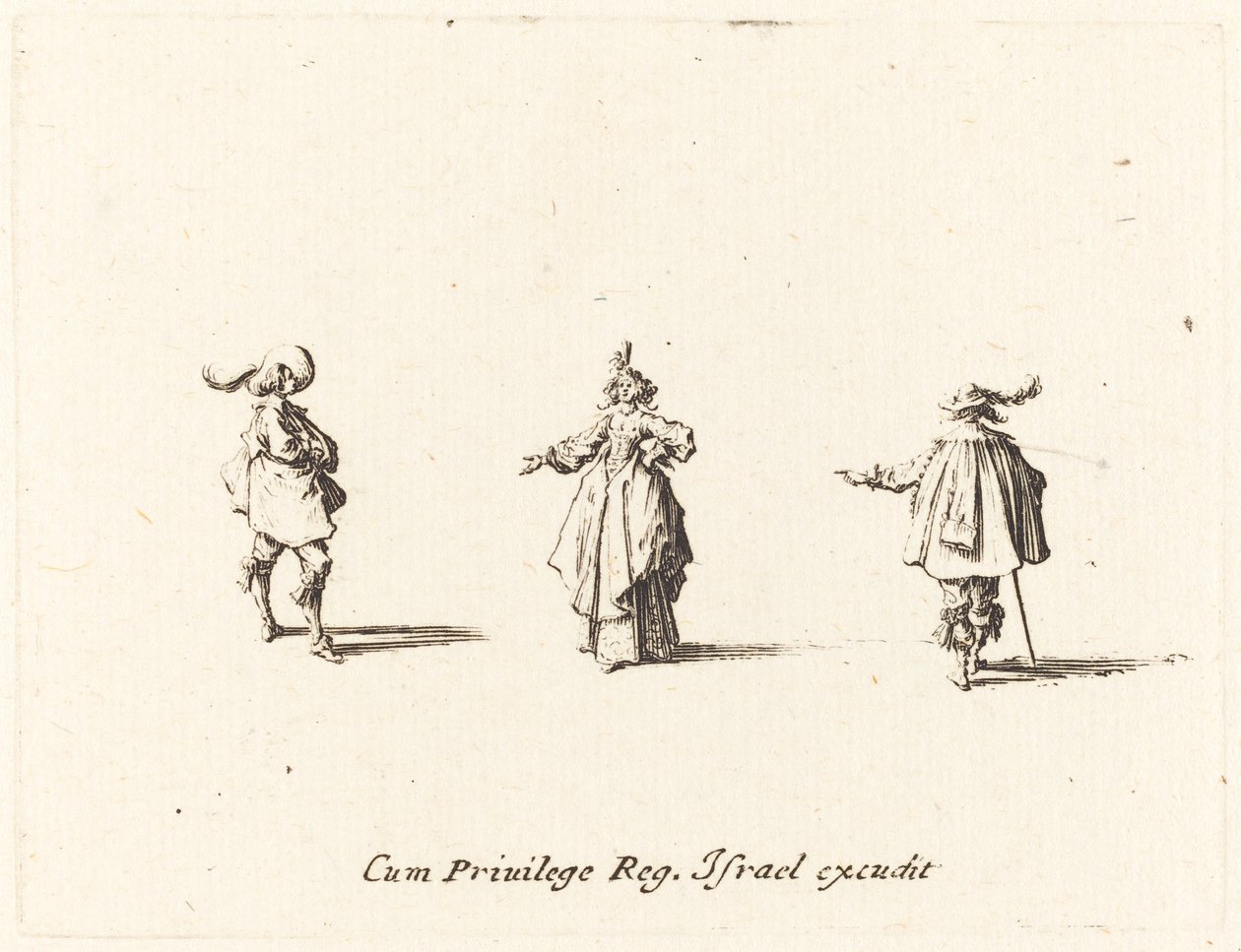 Dame med udstrakt Arm og to Herrer, formentlig 1634. af Jacques Callot