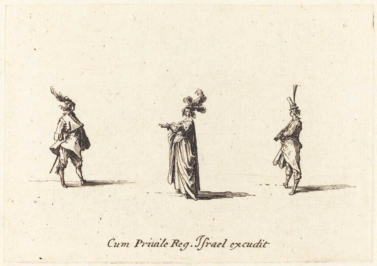 Dame med plymerhat og to herrer, formentlig 1634. af Jacques Callot
