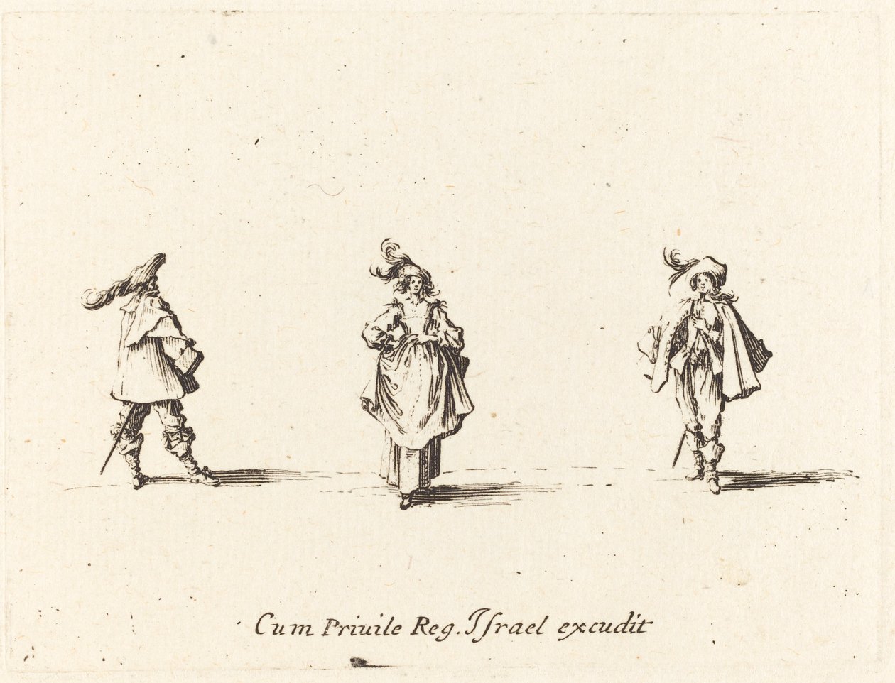 Dame med Plumes, and Two Gentlemen, sandsynligvis 1634. af Jacques Callot