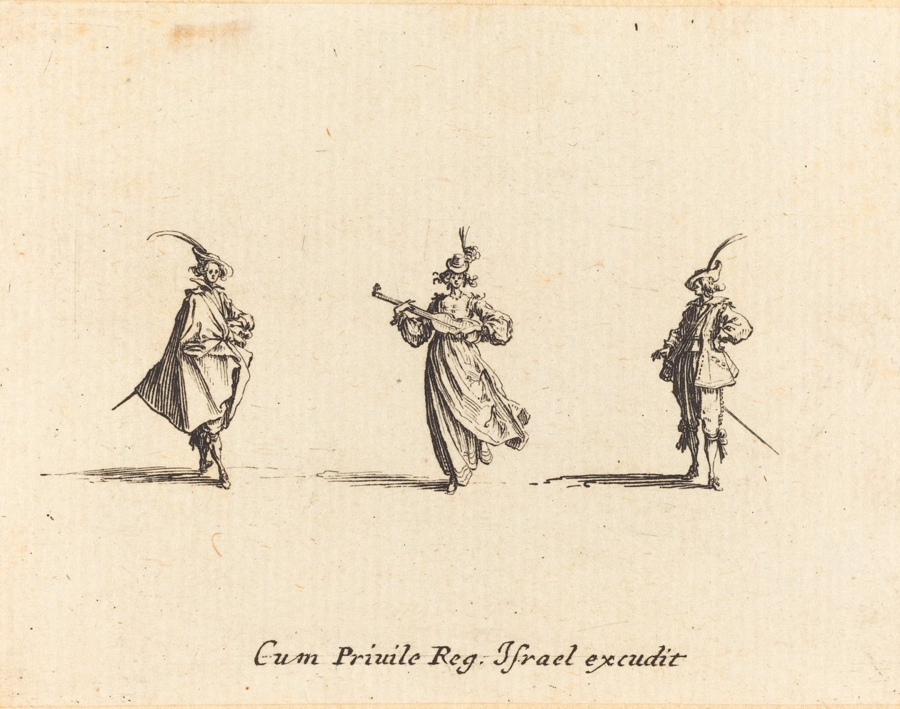 Dame med strengeinstrument og to herrer af Jacques Callot