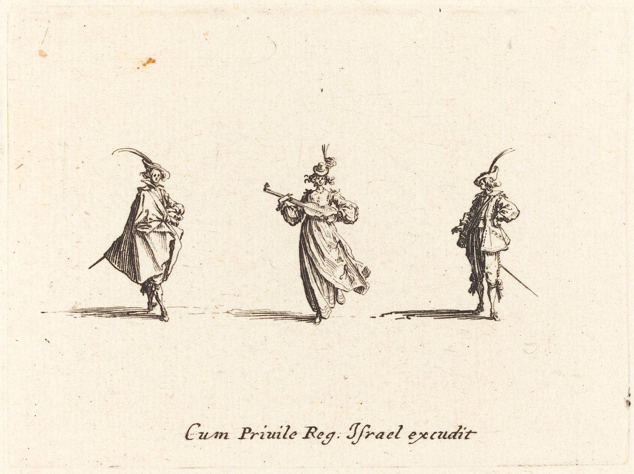Dame med strengeinstrument og to herrer af Jacques Callot
