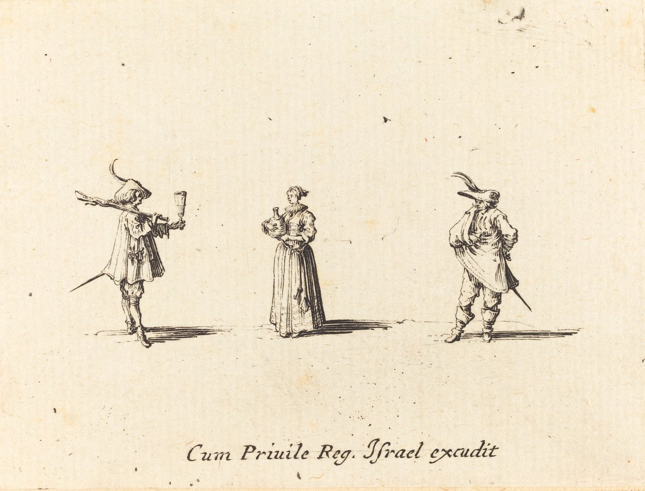 Dame med vinflaske og to herrer af Jacques Callot