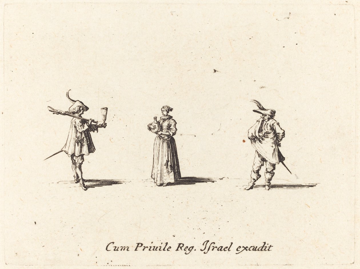 Dame med vinflaske og to herrer af Jacques Callot