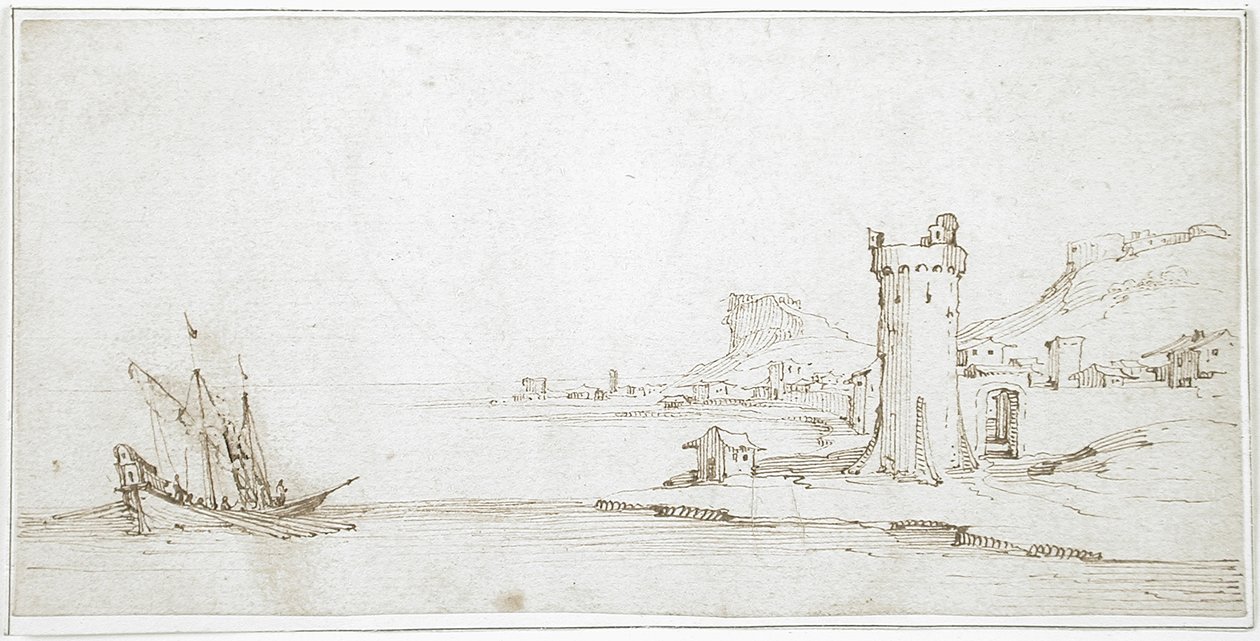 Landskab med tårn og båd af Jacques Callot