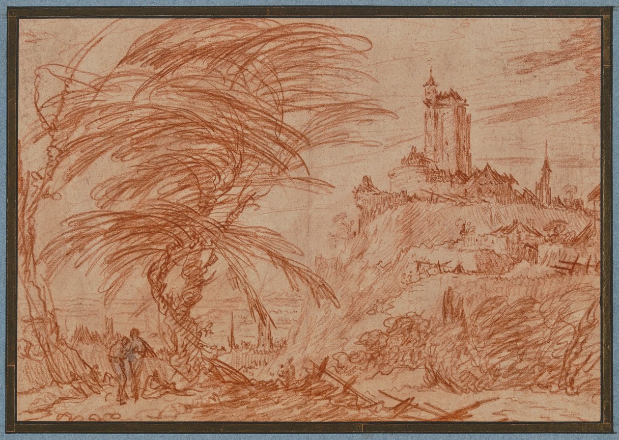 Landschaft, rechts auf einem Hügel ein großer Turm, links eine Baumgruppe und einige Figuren af Jacques Callot