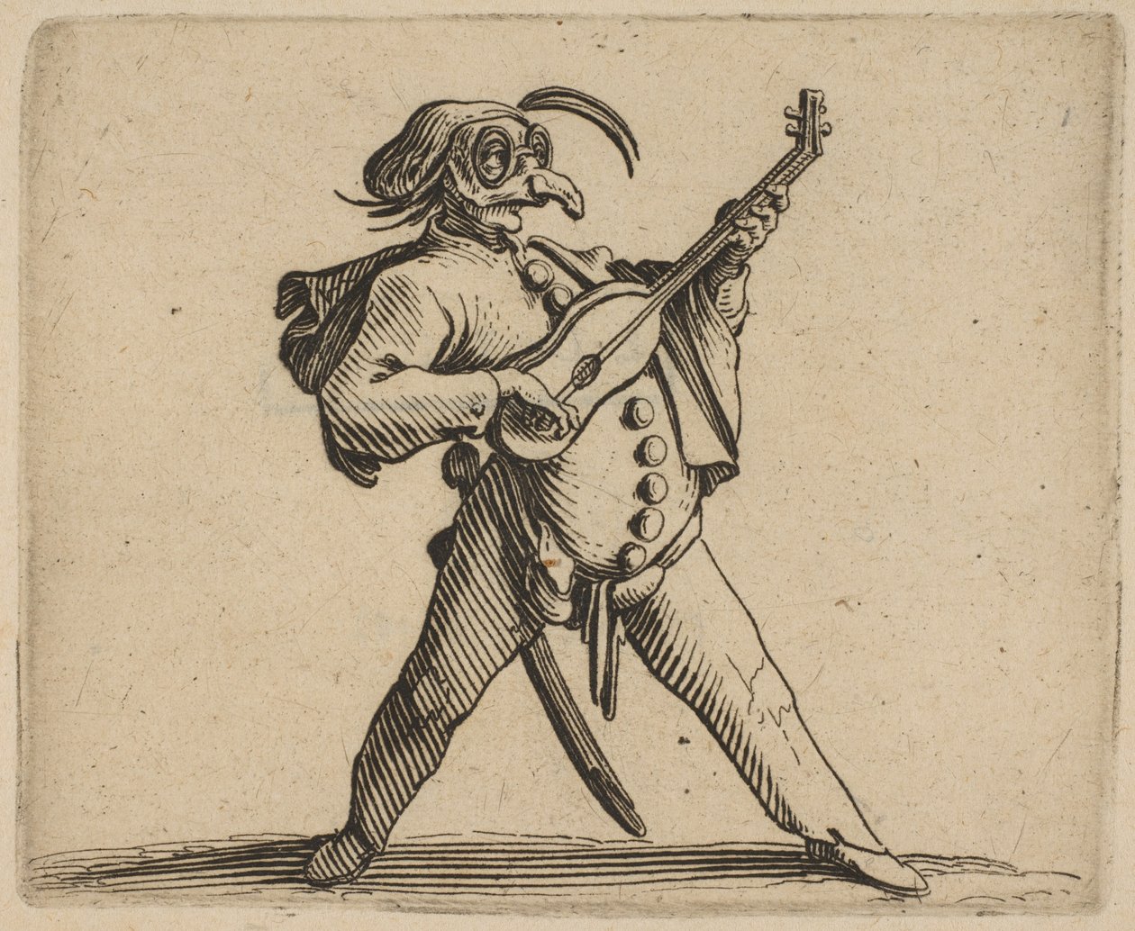 Den maskerede komiker spiller guitar, fra ..., 1616-22. af Jacques Callot