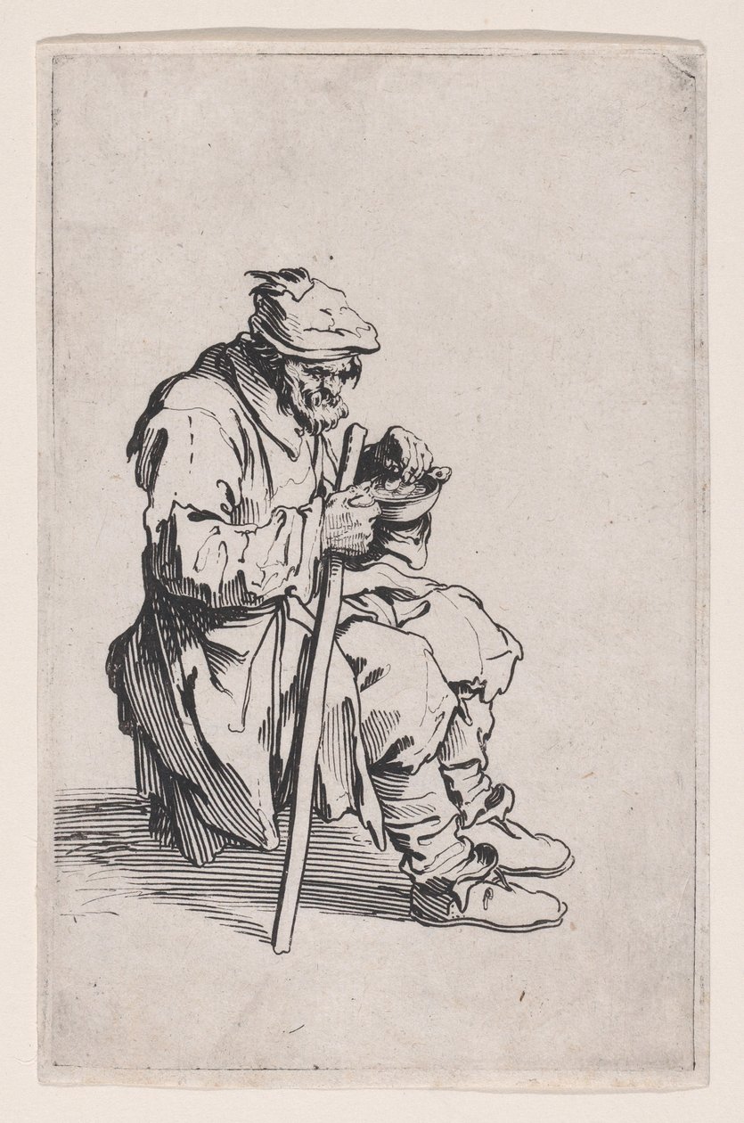 Den siddende og spisende tigger, fra „Les Gueux, suite appelée aussi Les Mendiants, Les Baroni, ou Les Barons“ af Jacques Callot