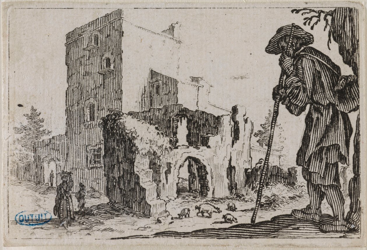 Lunerne, Hyrden og ruinerne. Femte nummer i serien på 50 stik, graveret i Nancy (Lieure 432, Meaume 777) af Jacques Callot